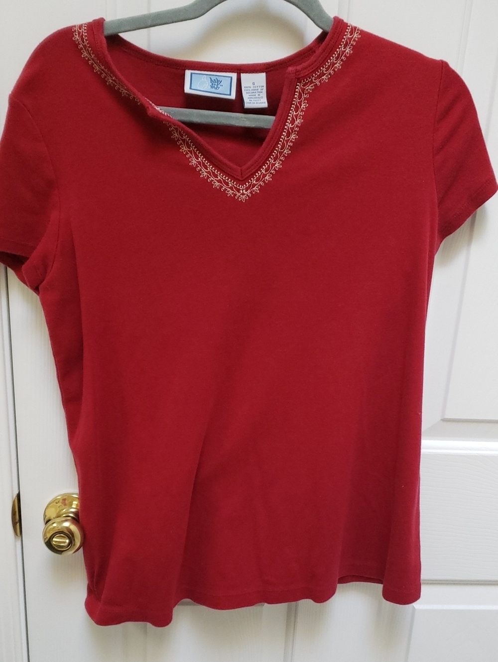 Women's Maternity Red V-Neck Short Sleeve Top with Embroidered Neckline